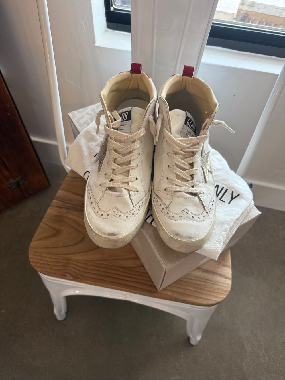 Golden Goose White Leather High-Top Sneakers with Red Pull Tabs